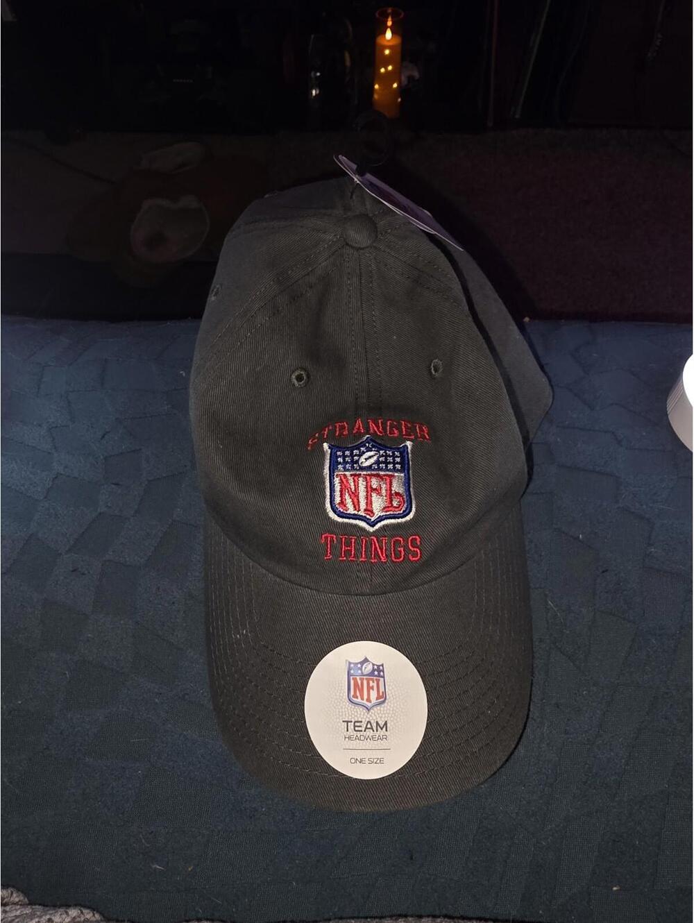 NFL Stranger Things Hat Baseball Cap Gray Logos in Red Slide Back NWT